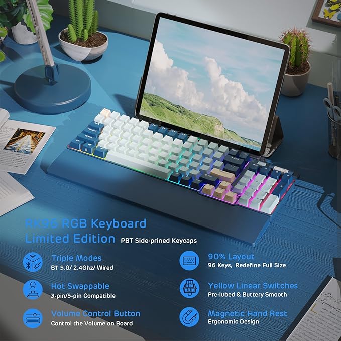 RK ROYAL KLUDGE RK96 RGB Limited Ed, 90% 96 Keys Wireless Triple Mode BT5.0/2.4G/USB-C Hot Swappable Mechanical Keyboard w/Wrist Rest, Software Support & Massive Battery, RK Yellow Switch