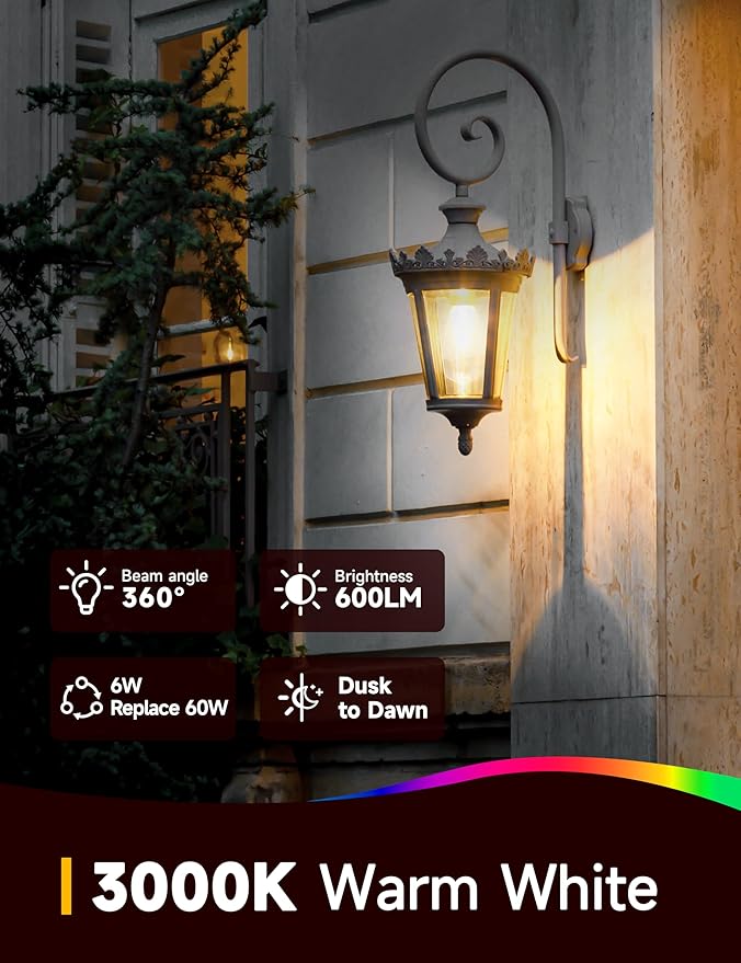 Dusk to Dawn Light Bulbs: Outdoor Light Bulbs, 6W Equivalent 60W Edison Bulbs, 3000K Warm White, Vintage 600LM LED Outdoor Lighting, E26 Base, Photocell Sensor, Automatic Bulb for Porch Patio, 4 Pack