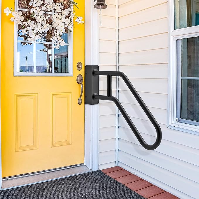 SELEWARE Heavy Duty 28" Handrails for Outdoor 1-3 Step, Non-Slip Door Jamb Corner Wall Mount Stair Hand Railing Grab Bars, U-Shape Safety Handle for Garage, Porch, Garden (Right Handed, Dia 1.3" Pipe)