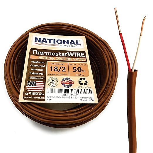 18/2 50Ft. NATIONAL Wire&Cable Thermostat Doorbell HVAC Heating Control Professional Cable Wire - Made in USA - 100% Solid Copper Conductors, CL2 ETL Listed, Low Voltage Applications Use