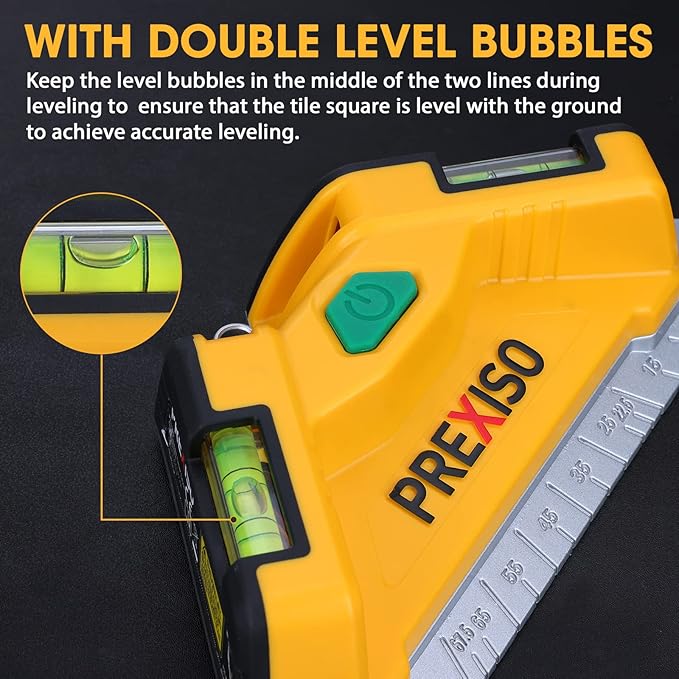 PREXISO Square Laser-65Ft Green Beam Floor Tile Laser Level, Tile Laser Line Projection, Angle 90 degree Aluminum Base Magnetic Level Square Built-In 2 Bubble Vials-With 3 Mounting Pins 3AA Batteries