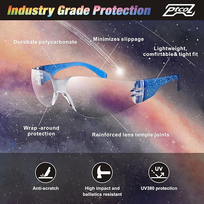 24 Pack Safety Glasses in 6 Galaxy Colors Proective Goggles Anti Scratch, Impact Resistant Clear Eyewear Unisex with ANSI Z87.1 for Laboratory, Shooting, Construction