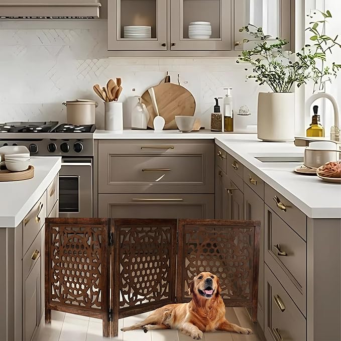 Wooden Freestanding Foldable Dog Gate – 3 Panels, Extra Wide, 24'' Height, Decorative Pet Gate for Doorways, Natural Bedding Cratf