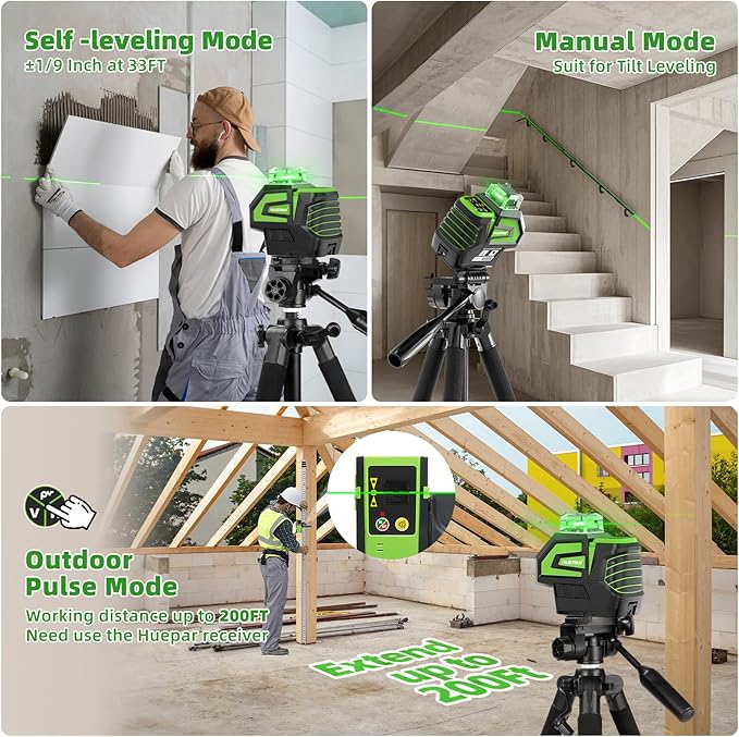 Huepar Self Leveling Laser Level Green Cross Line Laser with 2 Plumb Dots Laser Tool -360° Horizontal Line Plus 140° Vertical Level Laser with Up & Down Points -Magnetic Bracket&AA Batteries Included
