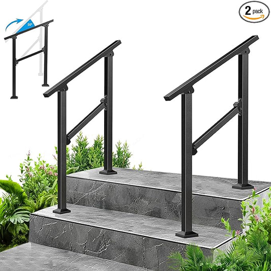 2-Pack Outdoor Handrails for 2 Steps – Black Stair Handrail & Indoor Stair Railing Kit, Exterior Stair Railing for Porch, Deck, and Garden, Complete Installation Kit