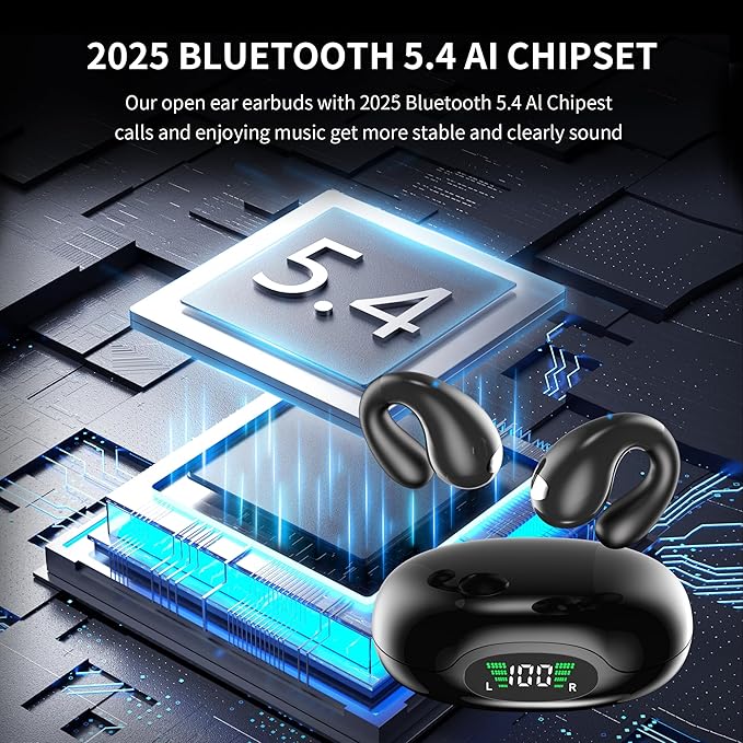 Open Ear Earbuds Wireless Bluetooth 5.3 Earphones, Flexible Clip On Ear buds with 36H Playtime LED Display Bone Conduction Headphones, IPX7 Waterproof Light Weight Fit for Every Ear, Sport, Workout
