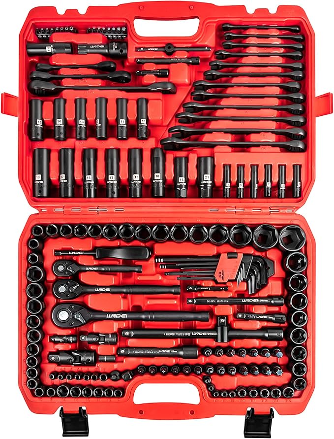 LLNDEI 160-Piece Mechanics Tool Set, Metric Socket Set 1/2 1/4 3/8 inch Drive Professional Tool Kit, CR-V Deep & Shallow Kit with Quick Release Ratchet