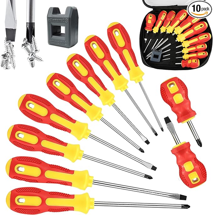 Magnetic Screwdriver Sets 10 PCS,Craftsman Screwdriver Set with Bag,Flat Head Phillips Screwdriver, Non-Slip Cushion Grip for Repair Home Improvement,Red & Yellow