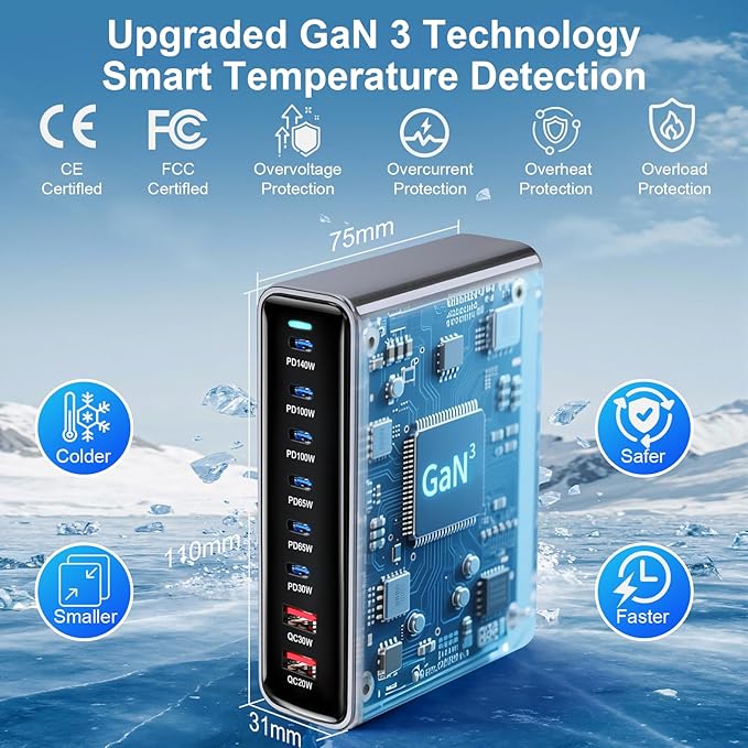 550W USB C Fast Charger Block, PD 3.1 140W USB C Charging Station, GaN Ⅲ Pro 8 Port PD PPS Fast Charging Station for Multiple Devices,Laptop Wall Charger Compatible with MacBook iPad iPhone 17/16 etc