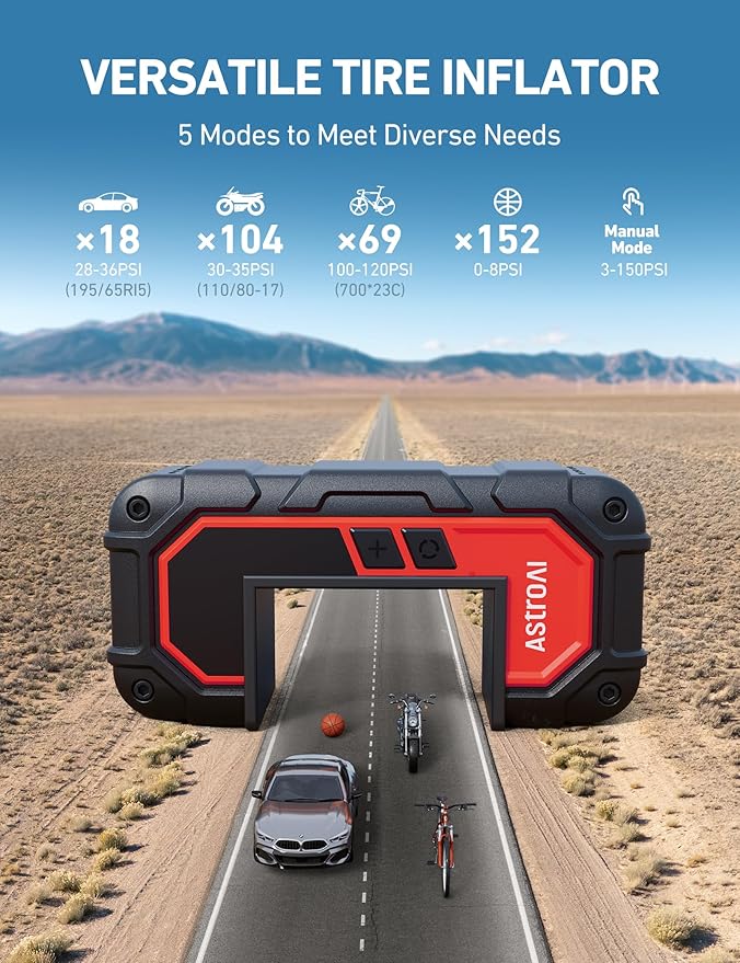 AstroAI S8 Air Nano Jump Starter with Air Compressor, 1500A Peak 150PSI Compact & Portable Car Battery Booster (6.0 Gas/3.0L Diesel Engine), 12V Super Safe Lithium Jump Box, Tire Pump, Lights (Red)