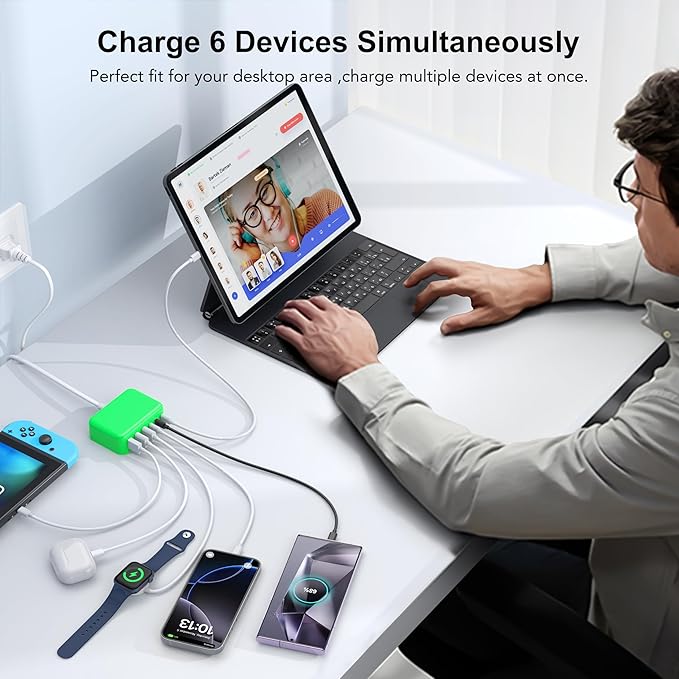 USB C Fast Charger, 100W GaN 6 Port Type C Charging Station Hub Block Cube, USB C Wall Charger Power Strip Adapter Plug for iPad iPhone 16 15 14 13 12 Pro Max Pixel Note Galaxy, 5ft Cord