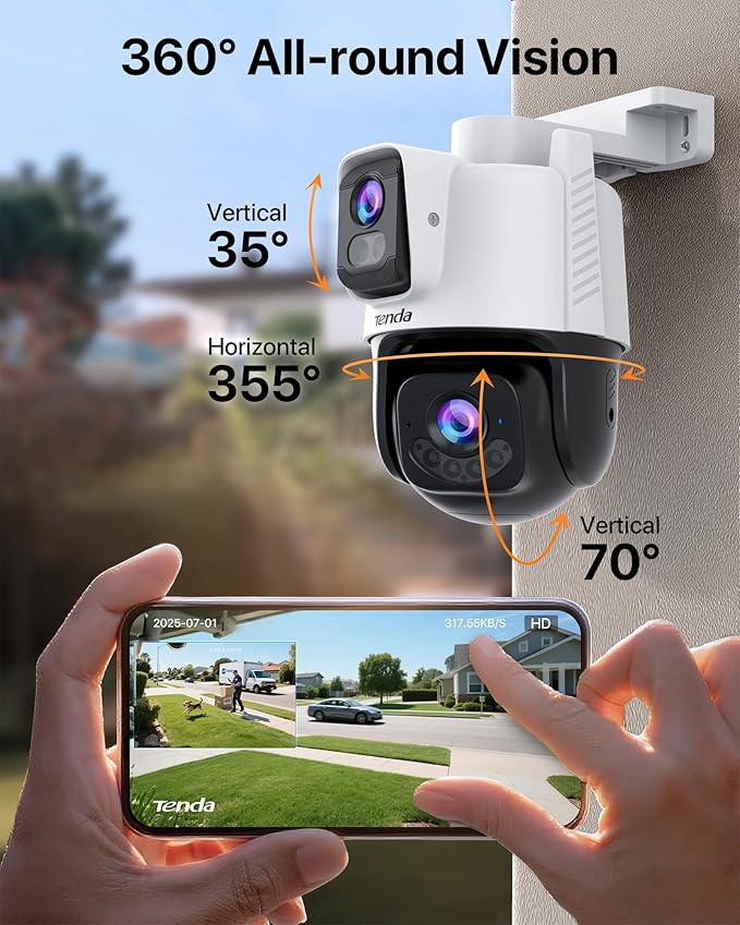 Tenda Wi-Fi Outdoor Camera 2K+2K, 360° PTZ Surveillance Camera with Dual Lens, FHD Auto Tracking, IP65 Waterproof, Color Night Vision, Two-Way Audio, Vehicle Detection – CH9