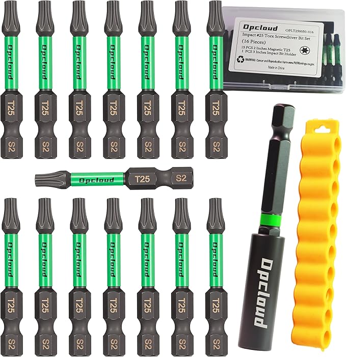T25 Impact Screwdriver Bit Set, 16 Pieces 2”S2 Steel Magnetic Security #25 Torx Tips Driver Power Bit Set with Extension Impact Bit Holder