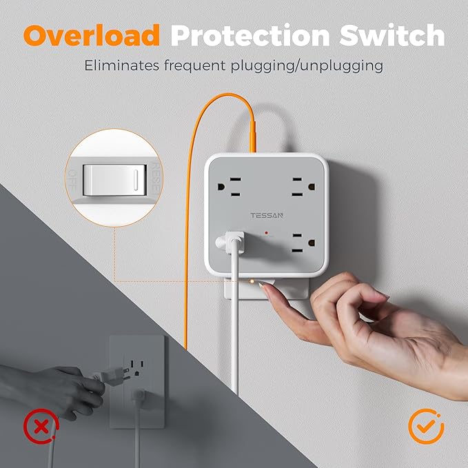 Multi Plug Outlet Extender, TESSAN Outlet Splitter with 8 Sockets and 3 USB (1 USB C), Wall Surge Protector with Power Switch, 3 Sided Multiple Wall Plug Extender for Home, Dorm Room, Office