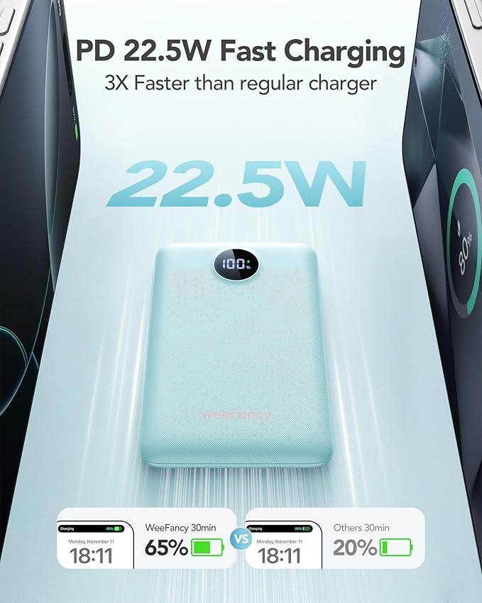 Mini Portable Charger with Built-in Cables 22.5W Fast Charging Power Bank USB-C Small Battery Pack 10000mAh Travel Essential Slim Battery for iPhone 16/15/14, Samsung 25/24, and More