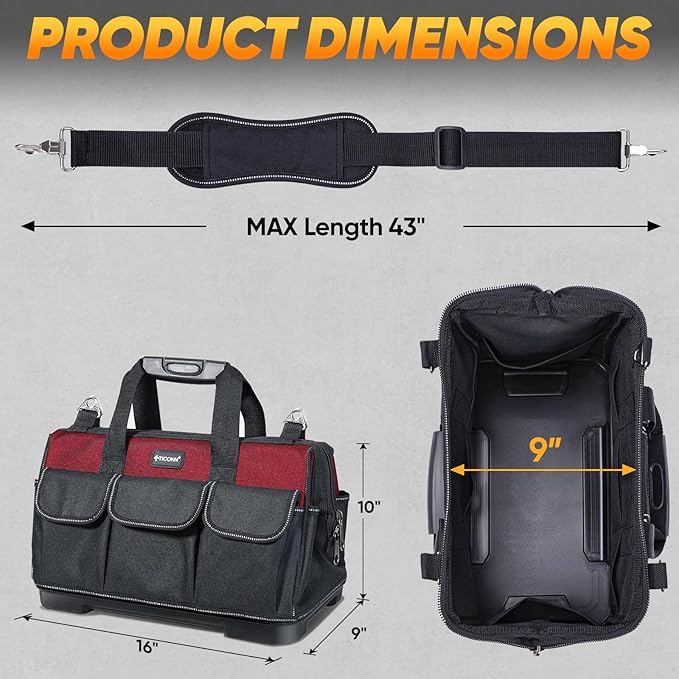 TICONN Heavy Duty Tool Bag with Multi-Pockets, Portable Tool Box Organizer Storage Bag, with Adjustable Shoulder Strap and Ergonomic Handle (Red, 16" Molded Base)