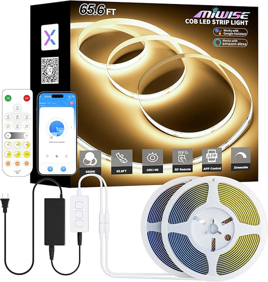 MIWISE COB LED Strip Lights 65.6ft/20m,UL-Listed CRI 90+ Dimmable 3000K Warm White Super Bright,with APP Control/RF Remote,Work with Alexa/Google,for Home/Cabinet/Bedroom/Kitchen DIY Lighting Projects