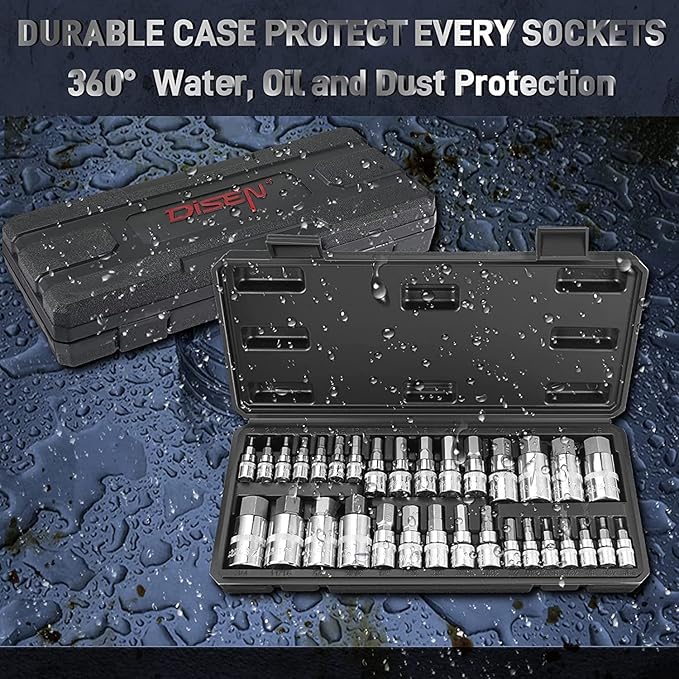 DISEN 32-Piece HEX Bit Socket Set, SAE & Metric Allen Wrench Socket Set with Enhanced Storage Case, Premium Heat Treated Chrome Vanadium Steel & S2 Alloy Steel
