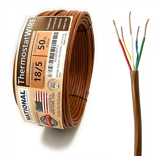 18/5 50Ft. NATIONAL Wire&Cable Thermostat Doorbell HVAC Heating Control Professional Cable Wire - Made in USA - 100% Solid Copper Conductors, CL2 ETL Listed, Low Voltage Applications Use