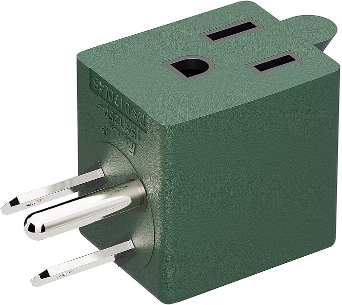 90 Degree Leftward Angled USA 3-Prong Male-Female Adapter, 5-15P to 5-15R Direction Changer, Green
