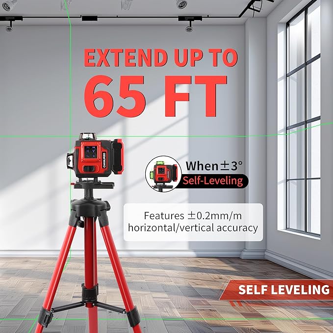Laser Level 16-Line 4x360°4D Green Cross, with 2 Batteries, Remote Control, Aluminum Base and 40” Tripod, IP-54 Waterproof, Pulse Mode for Outdoor Use for Home Renovation and Construction