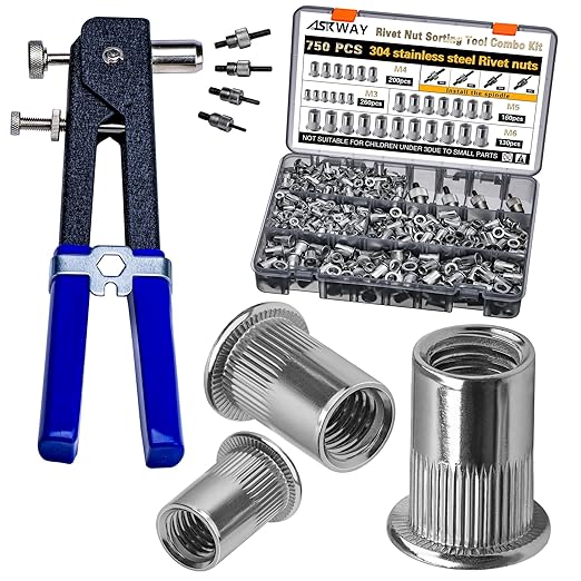Stainless Steel Rivet Nut Tool Kit 750 Pcs 304 Stainless Steel Rivet Nut Combination, Suitable for Furniture, Decoration, Automotive, Marine and Industrial Applications