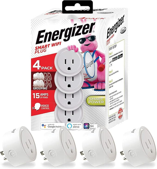 Energizer Connect Smart WiFi Plug 4 Pack, Mobile Connect App Enabled, Voice Controlled, Alexa, Echo, Siri, Hey Google Enabled, No Hub Required, Mini Outlet 15-Watt, 2.4GHz, ETL & FCC Certified