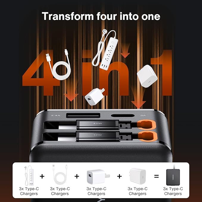 iVANKY Smallest 4-in-1 Retractable GaN Wall Charger with Dual Cables (USB C+Lighting), 45W Fast Charging Block for iPhone 16/15/14/13/12 Pro Max Air, Samsung, 4-Port Adapter for Home Office Travel