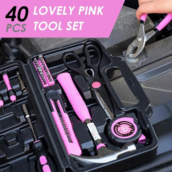 DOWELL 40 Pieces Home Tool Set Pink, General Household Hand Tool Kit with Plastic Toolbox Storage Case, Mini Repair Tool kit for Women, College Students, Home Use & More