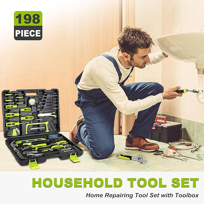 FASTPRO 198-Piece Household Tool Set, Home Repairing Tool Set with Toolbox, SAE Mechanics Hand Tool Kit for DIY, Home Maintenance, Green