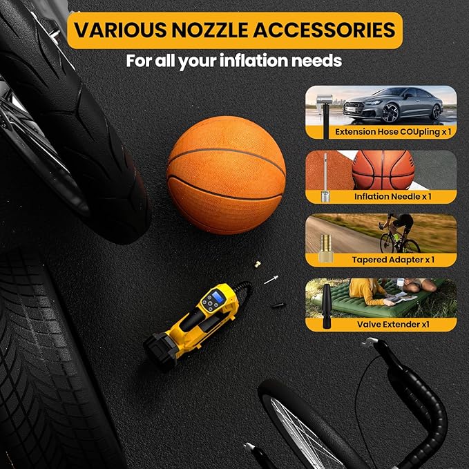 Cordless Tire Inflator Air Compressor for DeWalt 20V Max Battery, 150PSI Portable LED Light Handheld Air Pump with Digital Pressure Gauge for Cars Motorcycles Bikes Sport Balls(Battery Not Included)