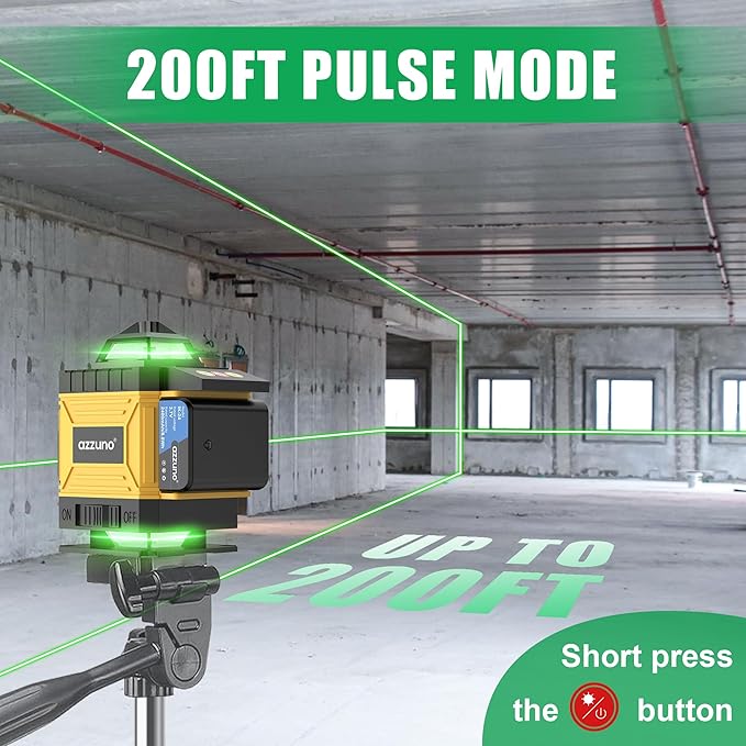 AZZUNO Laser Level 360 Self Leveling Green Beam with LCD Screen, 4x360 lazer leveler tool, Rechargeable Battery & Magnetic Base - Ideal for Construction, Tiling,yellow