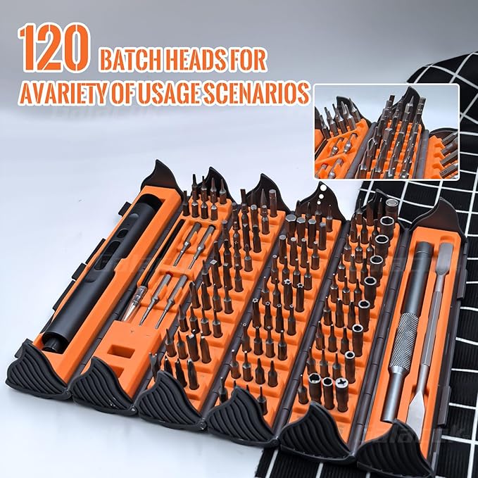 3.7V Mini Electric Screwdriver, 138 in 1 Cordless Screwdriver Rechargeable, 120 Magnetic S2 Steel Bits,Repair Tool Kit with LED Light, Pry Bar, Suitable for Electronics, Phone, Camera, Watch (Orange)