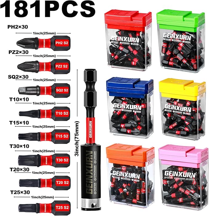 181 Pieces Impact Screwdriver Bits Set with Colorful Boxes, 1" Magnetic (PH2,PZ2,SQ2,T10,T15,T20,T25,T30) S2 Steel Multi Driver Bits