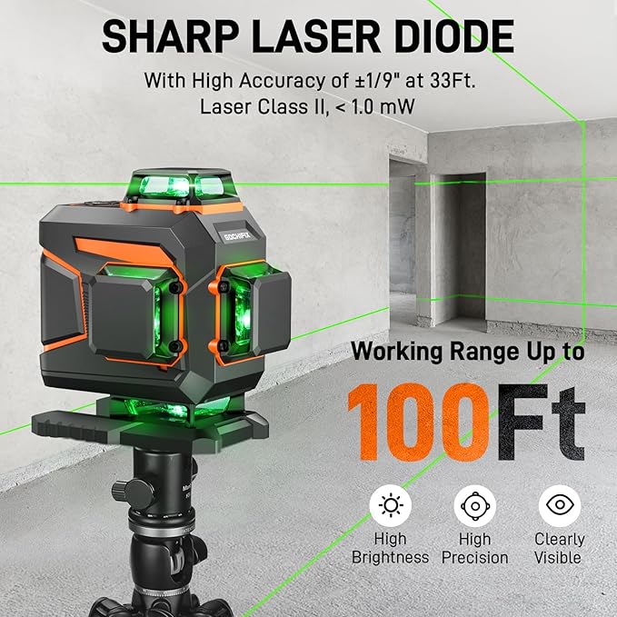 Laser Level 360 Self Leveling Green Light Laser Level Tool Wall Mount Base Bracket 100ft Nivel Laser Rechargeable Battery Receiver for Outdoor Use,4D 4x360