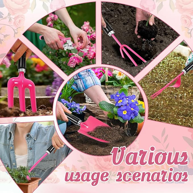 Gardening Tools 9-Piece Heavy Duty Gardening Hand Tools Set (Pink),Stainless Steels and Reinforced Garden Supplies Kit, Durable Garden Tools Organizer Handbag,Ideal Garden Gifts for Women