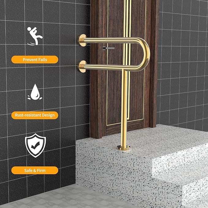 Toilet Grab Bar 23.4 Inch with Leg, YuanDe Wall Mounted Safety Bar, Stainless Steel Anti-Slip Bathroom Support Rail for Elderly, Disabled, Handicap, Seniors, Injury Recovery，Brushed Gold