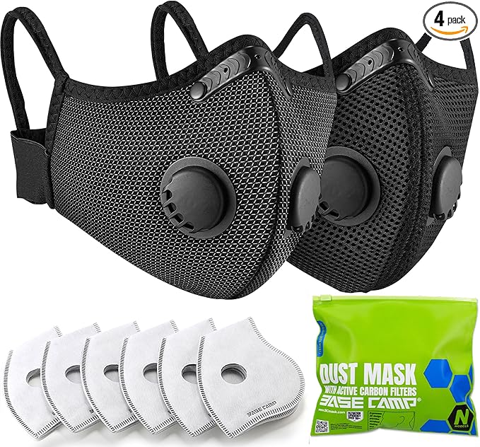 BASE CAMP Silver and Black Upgrade M Plus Dust Mask, Reusable Respirator Face Mask with 6 Activated Carbon Filters, Safety Work Masks for Woodworking, Construction, Yard Lawn Paint, Dust