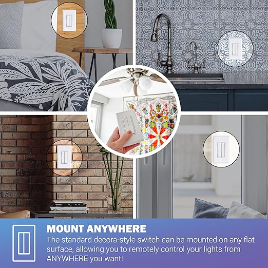 RunLessWire Self-Powered (NO Batteries) Wireless Switch & Receiver Kit No WiFi Needed Remote 150+ft RF Range - Fan & Light Simple: 2 Receivers, 1 Double Switch - White