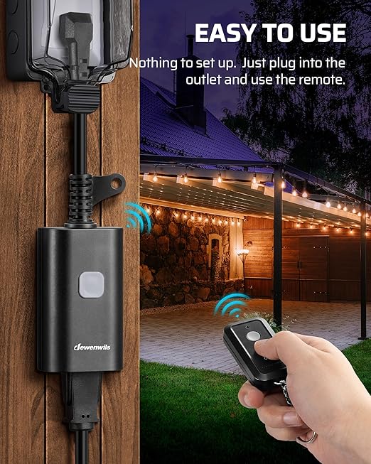 DEWENWILS Outdoor Remote Control Outlet, 15A Wireless Remote Control Switch, 100FT Control Range&14AWG SJTW Power Cord, for Lights Outdoor Appliances, 2 Remote Controls+1 Outlet, FCC Listed