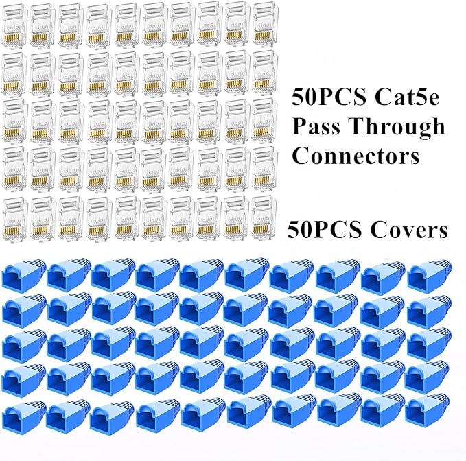 rj45 Crimping Tool for Cat6 Cat5e Cat5, Sturdy Crimper for rj45 rj12/11 Pass-Through Connectors with 50pcs rj45 Cat5e Pass-Through Connectors, 50pcs Covers, Wire Stripper; Network Cable Tester