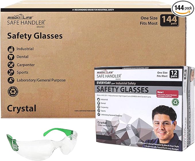 BISON LIFE Protective Safety Glasses, Clear Polycarbonate Impact and Ballistic Resistant Lens - Green Temple (Case of 12 Boxes, 144 Pairs Total)