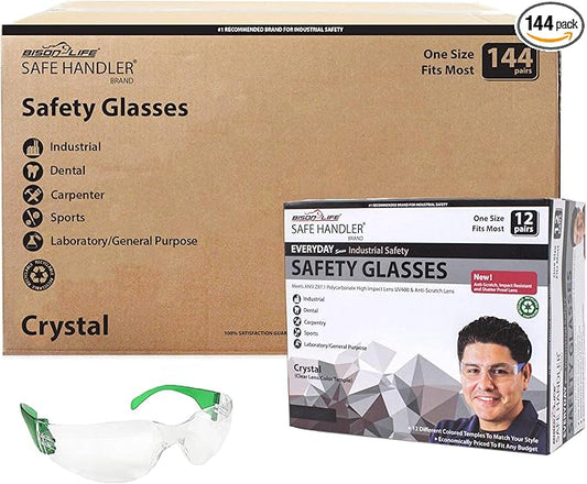 BISON LIFE Protective Safety Glasses, Clear Polycarbonate Impact and Ballistic Resistant Lens - Green Temple (Case of 12 Boxes, 144 Pairs Total)