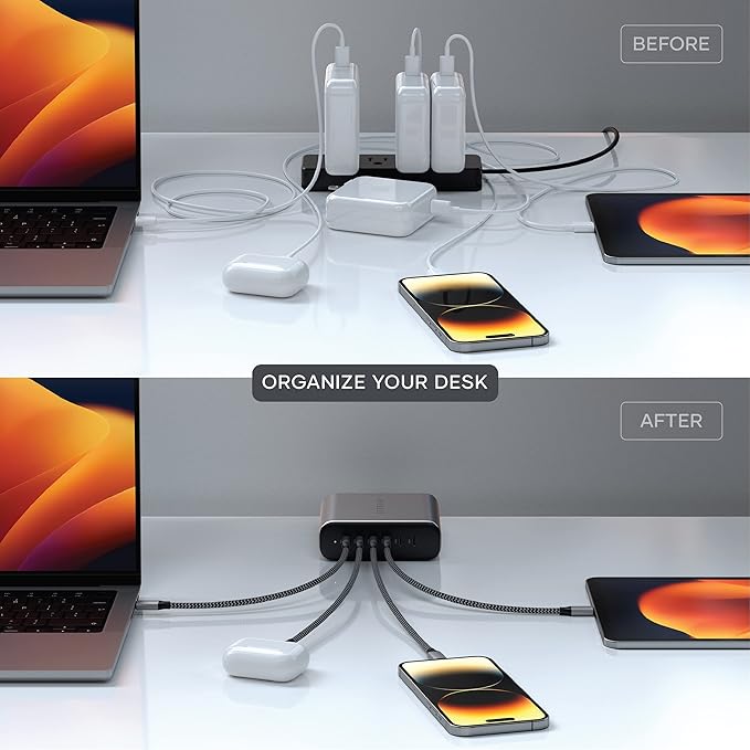 Satechi 200W 6-Port GaN Charging Station, 2 140W USB-C and 4 USB-C, Fast Charging Travel Charger for Multiple Devices, for MacBook Air/Pro M4/M3, iPad Air/Pro M4/M3, iPhone 17/16, Thunderbolt Devices