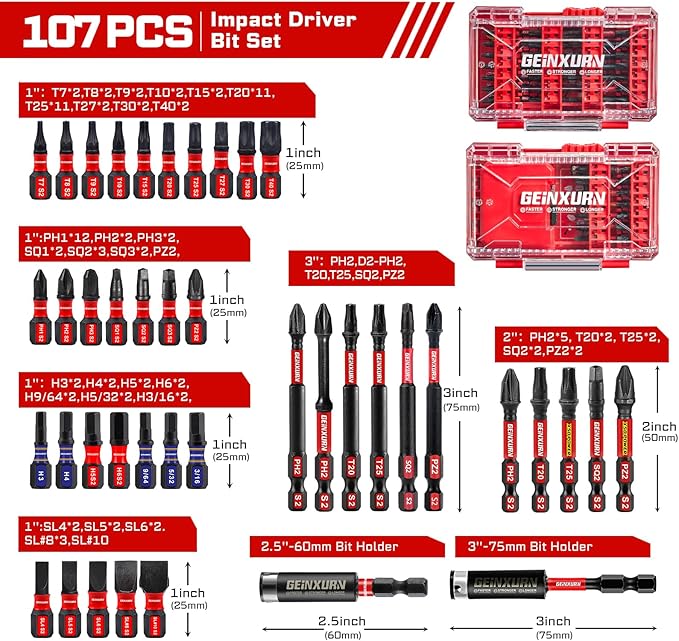 107Pieces Impact Screwdriver Bits Set, Magnetic S2 Steel 1”/2”3”Phillips/Square/Torx/Slotted/Hex/Pozi Bits Tips and Impact Bit Holder with Storage Box Case