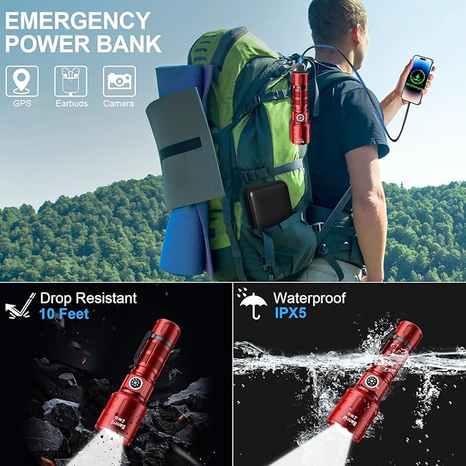 Flashlights High Lumens Rechargeable, Super Bright Long Range Small Powerful Flashlight, 6 Modes LED Tactical Pocket Waterproof Flash Light for Home Emergency (2, Red)