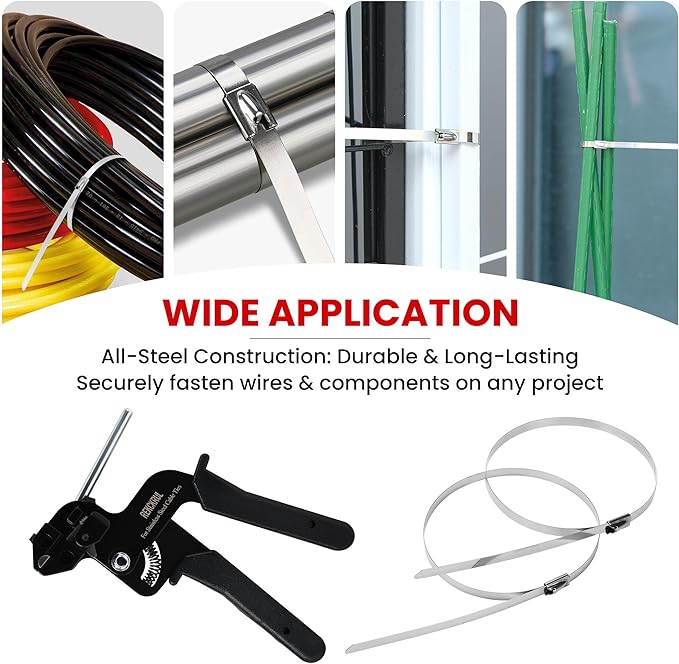 Stainless Steel Cable Tie Gun Set – Heavy Duty Metal Zip Tie Tool Kit - 150PCS Self-Locking Ties, Adjustable Fastening & Cutting Tool for Outdoor Fencing, Automotive, Exhaust Pipes (Black)