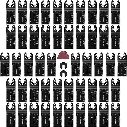 50 Pcs Oscillating Tool Blades,Proffesional Multi Tool Blades Kits, Include 2 Pcs C-clip Adapter and 5 Pcs Sandpaper, 1-3/8" Fine Tooth Quick Release Wood Plastic Oscillating Saw Blades