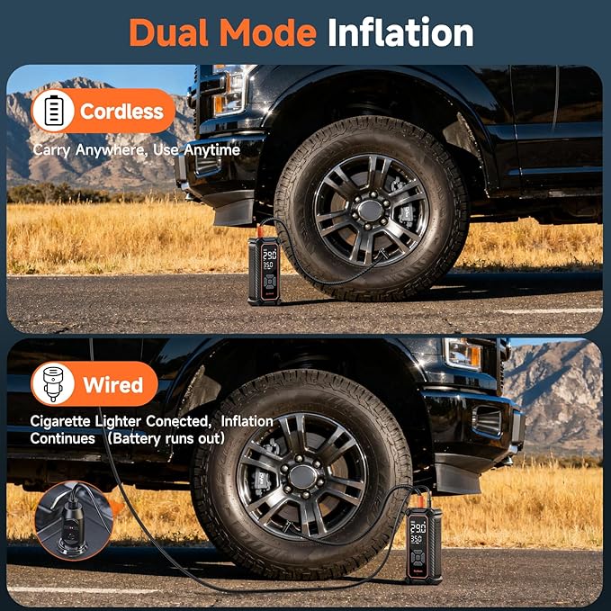 OlarHike Cordless Tire Inflator Portable Air Compressor, Dual Power Mode - 6000mAh & 12V DC, Air Pump for Car Tires, Motorcycle, Bicycle, Electric Pump with LED Light & Digital Pressure Gauge