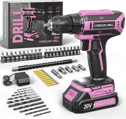 Pink Cordless Drill Set, 20V Max PowerDrill for Women, Lightweight ElectricDrill with Power Pack and Charger, 25 Position and 56 Pcs Accessoires, Womens Drill Tools Kit for House